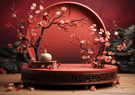 Lunar year background design with ingots and cherry flowers as the decoration, Podium stage chinese style for chinese new year and festivals or mid autumn festivalの素材