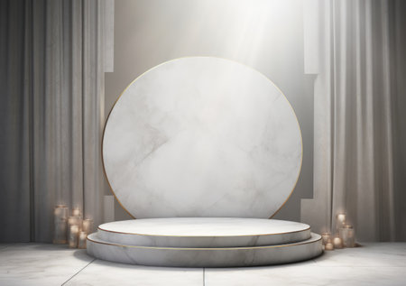 abstract modern minimal background with cobblestones on the wet floor. Trendy showcase with golden round frame and empty platform for product displaying.の素材