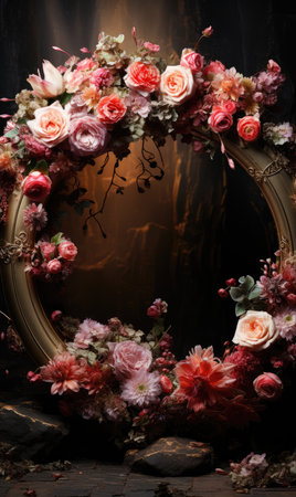 floral hoop digital backdrops. shoot set up with prop Flower and wood backdrop. Flower on hanging roundの素材