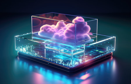 Cloud computing concept. Smart city wireless internet communication with cloud storage, cloud services. Download, upload data on server. Digital cloud over virtual Smart City on podium.の素材