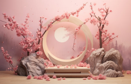 Realistic 3D render blank empty pastel pink podium with cherry blossom flower bouquet and blowing white curtain. Beauty products display, Backdrop.の素材