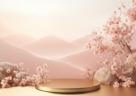 Realistic 3D render blank empty pastel pink podium with cherry blossom flower bouquet and blowing white curtain. Beauty products display, Backdrop.の素材