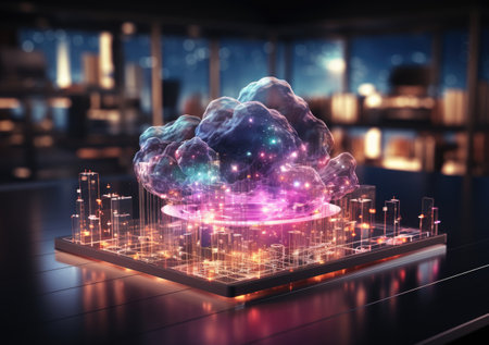 neon light showing cloud computing on tablet, Computer system resources and data storage, Cloud service technologies concept.の素材