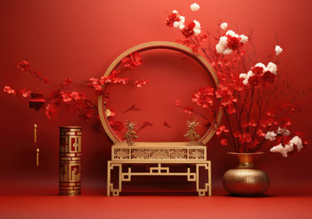 Lunar year background design with ingots and cherry flowers as the decoration, Podium stage chinese style for chinese new year and festivals or mid autumn festivalの素材