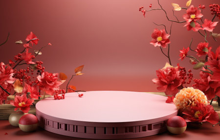 Chinese New Year red and golden theme podium scene with 3D  oriental festive elements on background for product display.の素材
