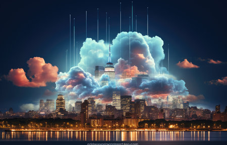 Cloud computing concept. Smart city wireless internet communication with cloud storage, cloud services. Download, upload data on server. Digital cloud over virtual Smart City on podium.の素材