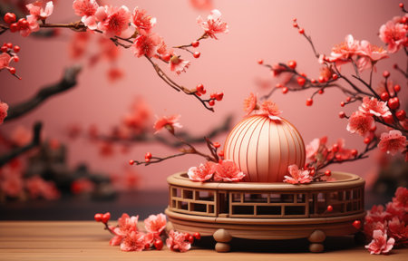 Red luxury background with product display podium element with 3d realistic chinese new year ornament.の素材