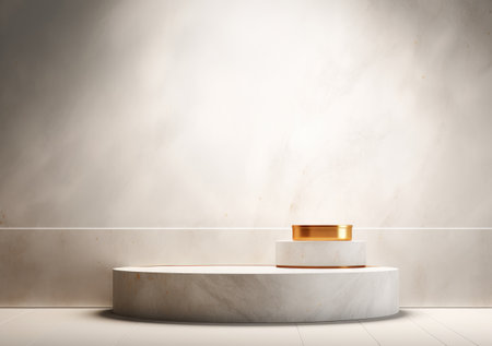 abstract modern minimal background with cobblestones on the wet floor. Trendy showcase with golden round frame and empty platform for product displaying.の素材
