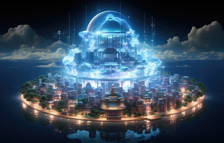 Cloud computing concept. Smart city wireless internet communication with cloud storage, cloud services. Download, upload data on server. Digital cloud over virtual Smart City on podium.の素材