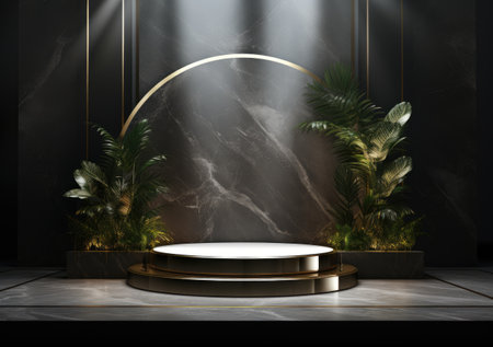 Dark podium, showcase for advertising products and goods. Display with natural stones and green tropical branches. Background for natural cosmetics and branding.の素材