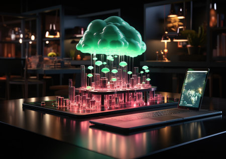 neon light showing cloud computing on tablet, Computer system resources and data storage, Cloud service technologies concept.の素材