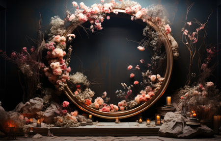 floral hoop digital backdrops. shoot set up with prop Flower and wood backdrop. Flower on hanging roundの素材