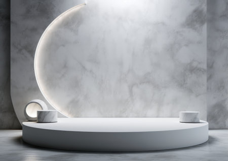 abstract modern minimal background with cobblestones on the wet floor. Trendy showcase with golden round frame and empty platform for product displaying.の素材