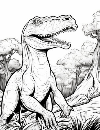 Coloring page adults, Cartoon Dinosau detail thick lines, black and whiteの素材