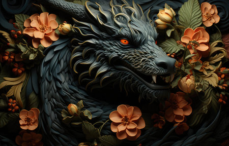 fabric stumpwork embroidery of Dragon, fantasy on  dark background. detailed fabric stumpwork embroidery.の素材