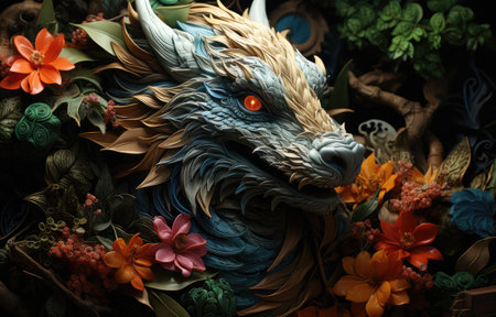 fabric stumpwork embroidery of Dragon, fantasy on  dark background. detailed fabric stumpwork embroidery.の素材