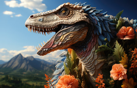 fabric stumpwork embroidery of dinosaur on forest and flowers, fantasy on  dark background. Hight detailed.の素材