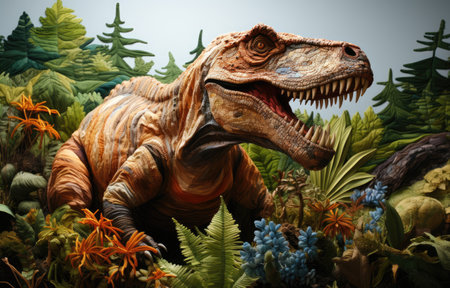 fabric stumpwork embroidery of dinosaur on forest and flowers, fantasy on  dark background. Hight detailed.の素材