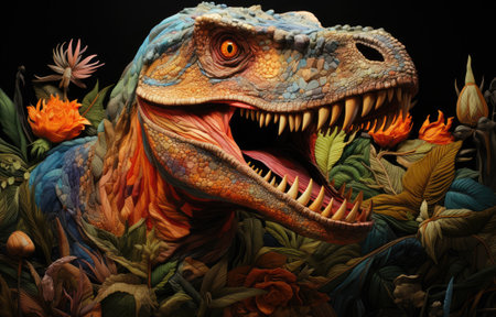 fabric stumpwork embroidery of dinosaur on forest and flowers, fantasy on  dark background. Hight detailed.の素材