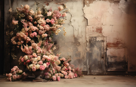 Flower backdrop studio, decorated with spring decoration flowers with colorful, summer, green, pink, fresh. Dark scense studio.の素材