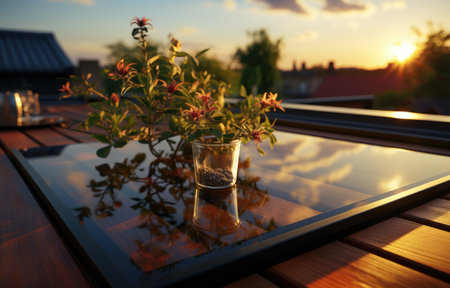 Modern solar panel on th roof with plants at morning, Solar panel on roof reflecting sun and cloudless blue skyの素材