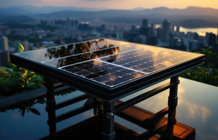 Modern solar panel on th roof with plants at morning, Solar panel on roof reflecting sun and cloudless blue skyの素材
