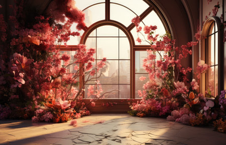 Flower backdrop studio, decorated with spring decoration flowers with colorful, summer, green, pink, fresh. Dark scense studio.の素材