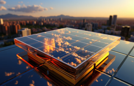 Modern solar panel on th roof with plants at morning, Solar panel on roof reflecting sun and cloudless blue skyの素材