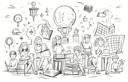 Various character doodle illustration of people finding creative ideas concept, thinking, reading, find solution or knowledge, imaginationの素材