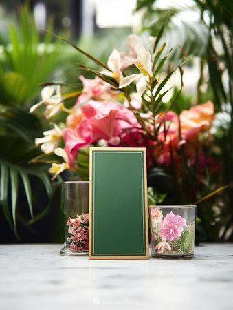 cards and gifts blank frame mockup on table front view, tropical florals in the background.の素材