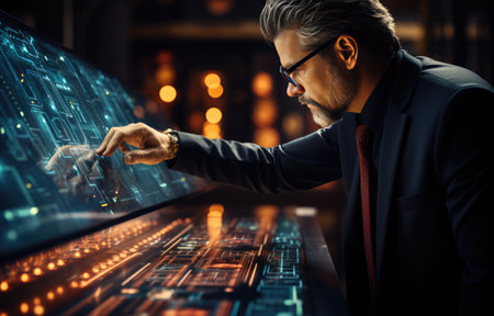 business man touching on infographic hud panel, futuristic, photography, on blue backgroundの素材