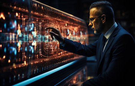 business man touching on infographic hud panel, futuristic, photography, on blue backgroundの素材