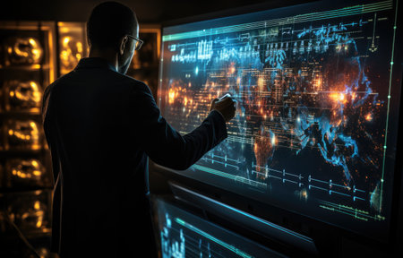 business man touching on infographic hud panel, futuristic, photography, on blue backgroundの素材
