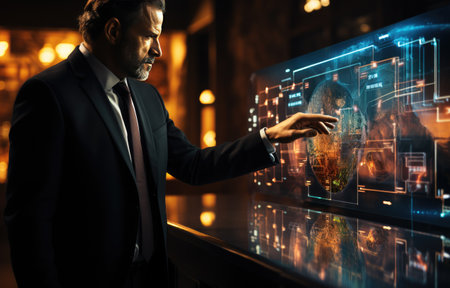business man touching on infographic hud panel, futuristic, photography, on blue backgroundの素材