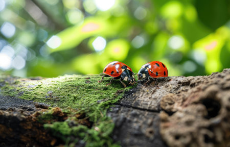 Two ladybugs on a mossy tree bark in a natural setting, showcasing vibrant red and black colors against a blurred green background.の素材