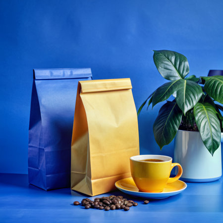 paper coffee bags mockup on pastel background, modern design bagsの素材