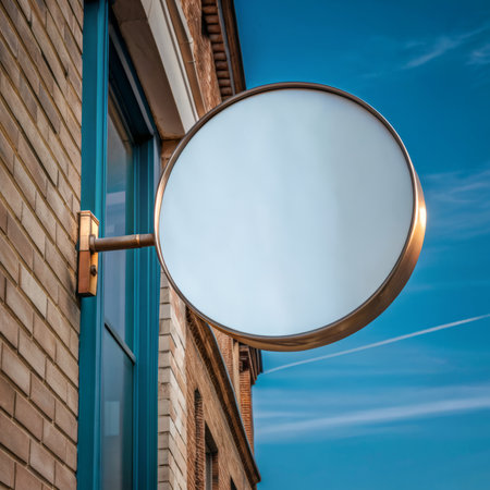 mockup blank round sign board attached on wall, Empty white circle and hollow square shop signboard layout.の素材