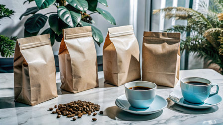 paper coffee bags mockup on pastel background, modern design bagsの素材