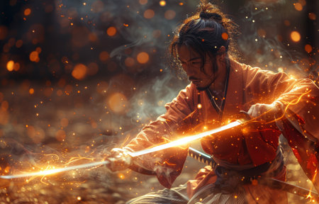 A samurai warrior in traditional armor holds a glowing katana, surrounded by sparkling embers in a mystical forest setting.の素材