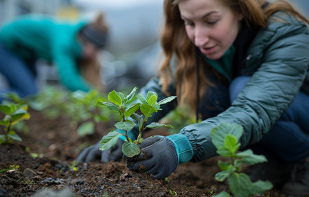 A woman wearing gloves plants seedlings in a garden, focusing on her hands and the young plants. Another person works in the background.の素材