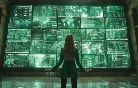 A woman stands in front of a large digital screen displaying data and maps in a futuristic control room with a green interface.の素材