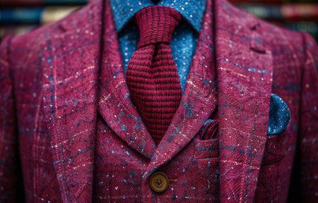 Close-up of a modern burgundy suit with a blue shirt and red tie, showcasing intricate details and textures in a fashionable setting.の素材