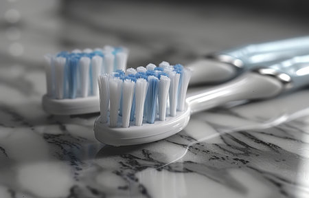 Detailed close-up of two toothbrushes with blue and white bristles placed on a marble surface in a bathroom setting.の素材
