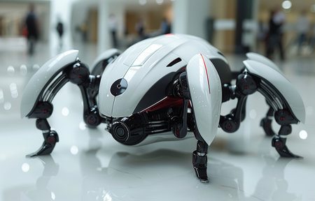 A high-tech robotic spider with a sleek, futuristic design, showcased in a modern indoor environment with a glossy floor.の素材
