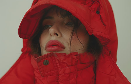 Close-up of a woman wearing a red winter jacket with a hood, showcasing stylish fashion and vibrant colors.の素材