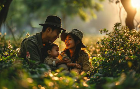 Happy family. Asian parents and daughter enjoyed ourselves together in green garden in the sunshine dayの素材