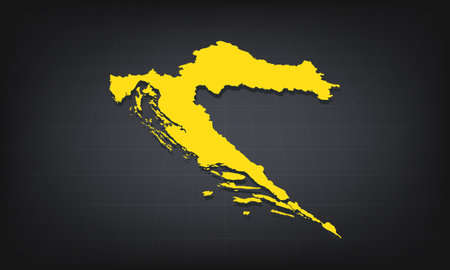 Yellow 3D Map of croatia on a Dark Background, Displaying Geographical Shape and Borders for Educational and Informational Useのイラスト素材