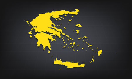 Yellow 3D Map of greece on a Dark Background, Displaying Geographical Shape and Borders for Educational and Informational Useのイラスト素材