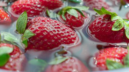 Close-Up fresh strawberries in the waterの写真素材