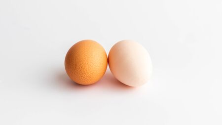 One is brown and the other is white, two organic eggs on the white background (front view)の写真素材